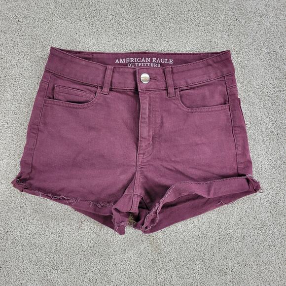 American Eagle Denim Cut Off Shorts Womens 8 Purple Red Stretch Hi Rise Raw Hem - Picture 5 of 16